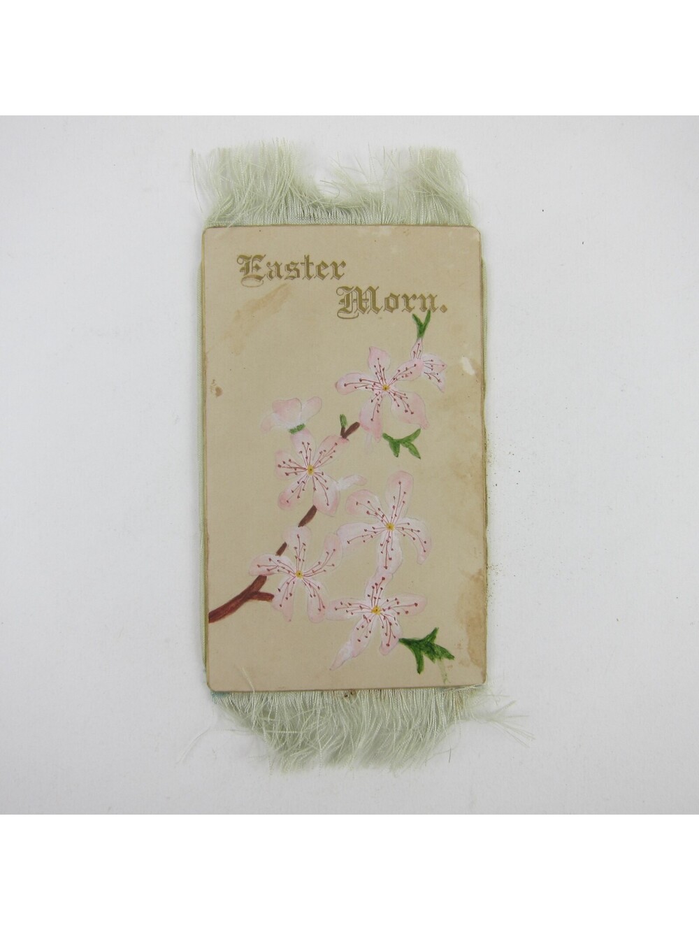 Victorian Card Easter Branch Blooms Pink Flowers Fringe Gold Gilt Edge Antique